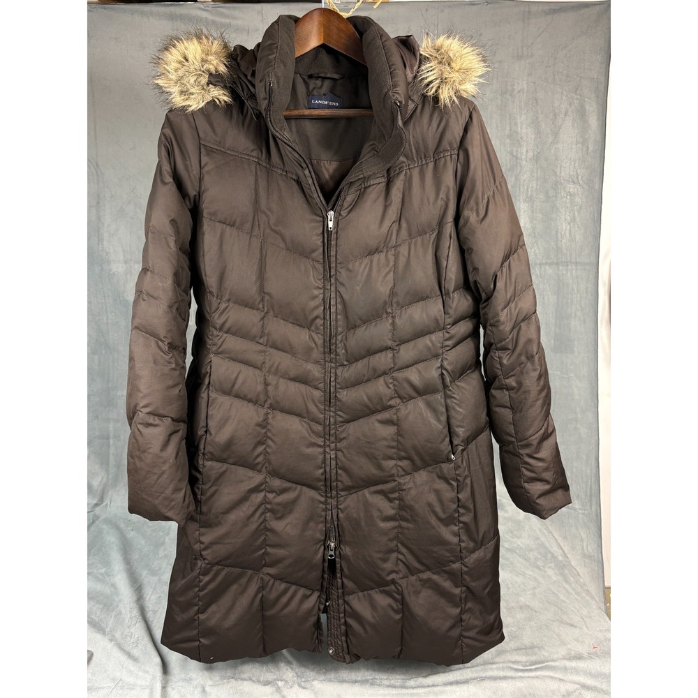 LANDS END Women Midi Puffer Coat Parka Brown 80% Down Faux Hood Light Gorpcore L